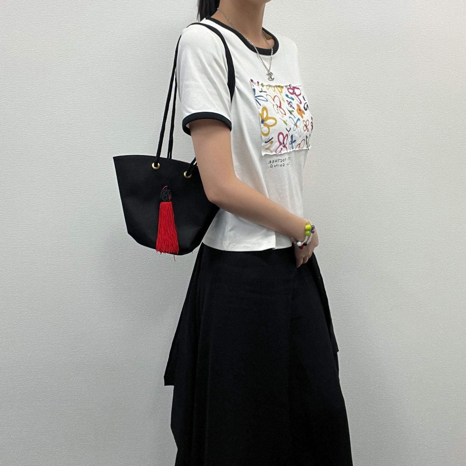 Saint Laurent Rib Fabric Tassel Shoulder Bag Canvas Black Red Gold Vintage