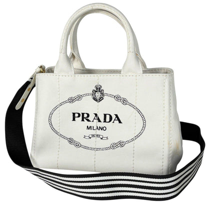 Prada Canapa Tote 2-Way Shoulder Bag Canvas White