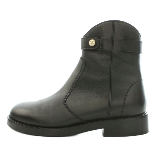 Chanel Short Boots 24K Low Heels Round Toe CC Logo Leather Black BB 38