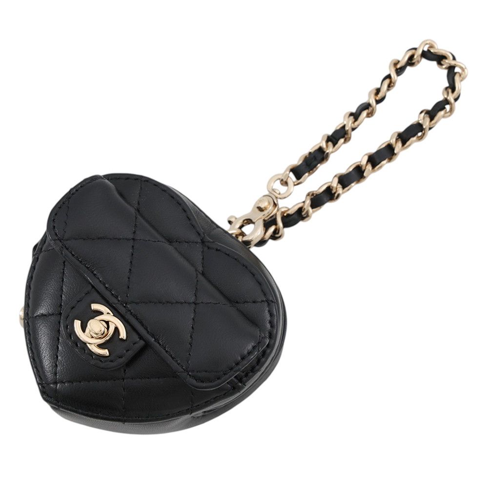 Chanel Bag Charm Quilted Heart Mini Lambskin Black