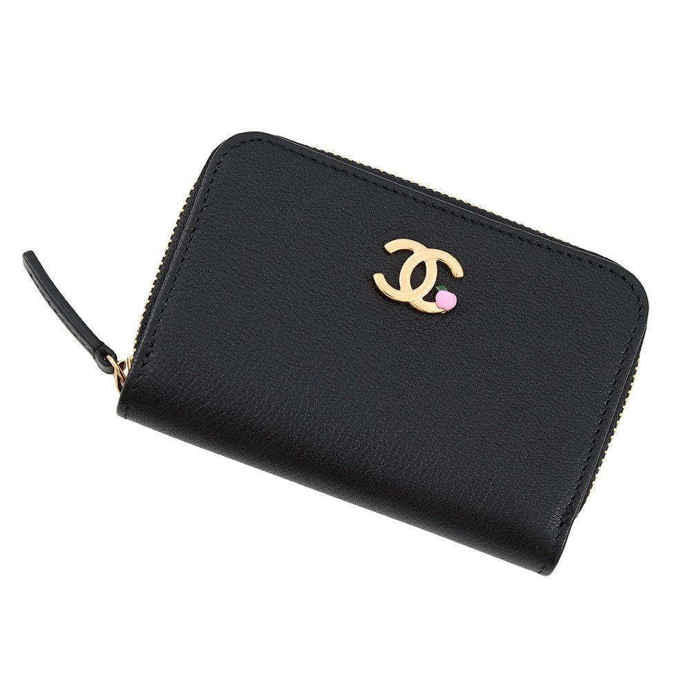 Chanel Coin Case CC Logo Apple Motif Zip Purse Goatskin Wallet Black