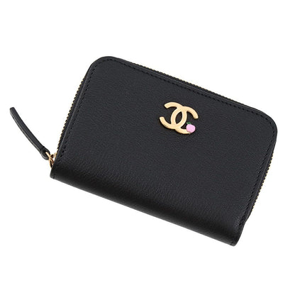 Chanel Coin Case CC Logo Apple Motif Zip Purse Goatskin Wallet Black