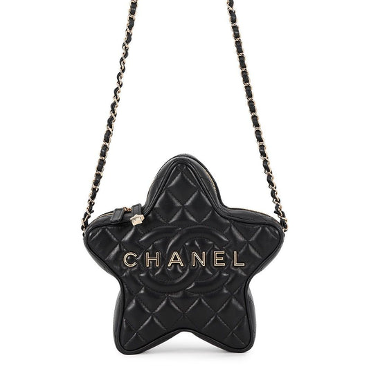 Chanel Chain Shoulder Bag Quilted CC Logo Star Lambskin Black