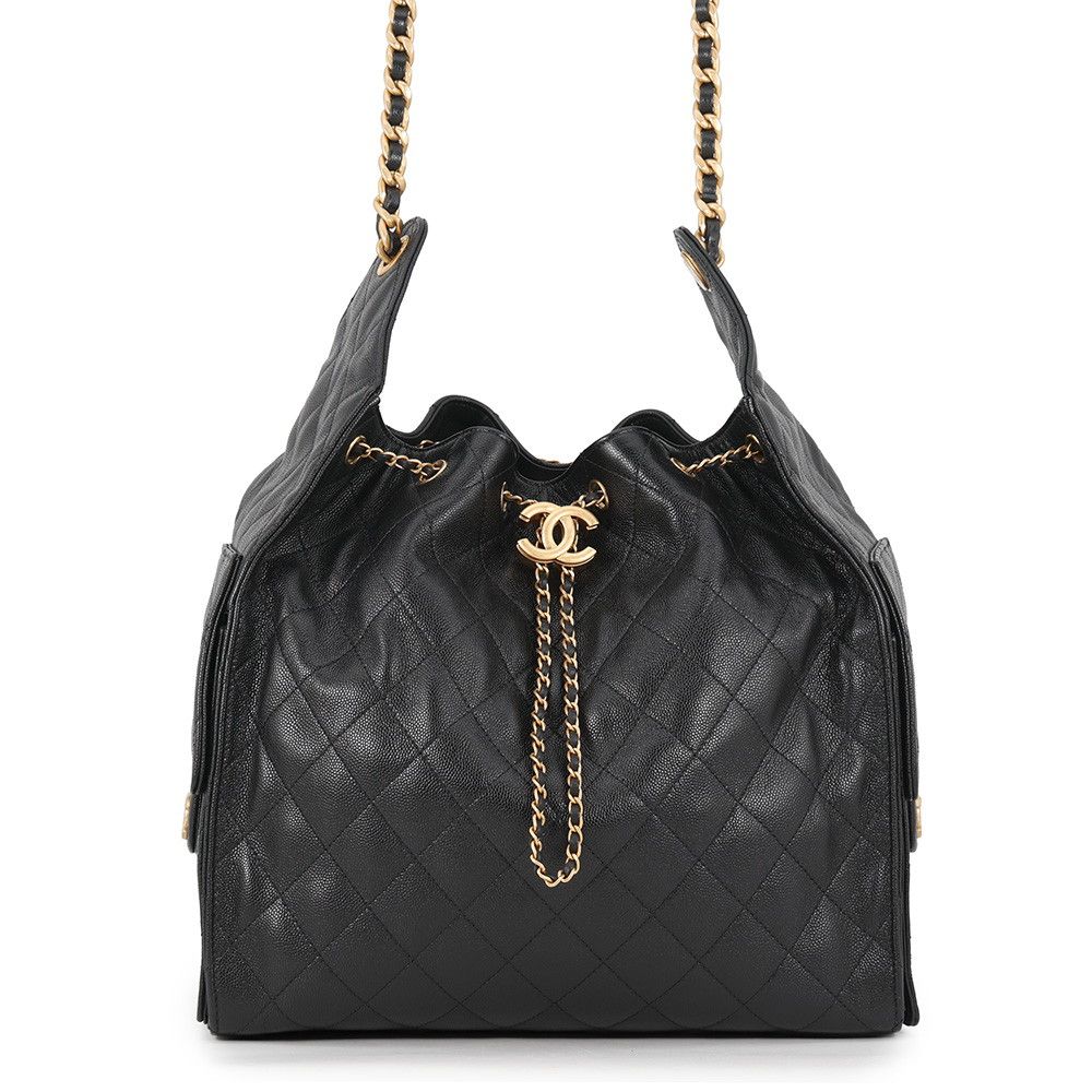 Chanel Chain Shoulder Bag 25 CC Logo Quilted Caviar Leather Black