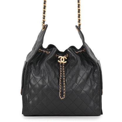 Chanel Chain Shoulder Bag 25 CC Logo Quilted Caviar Leather Black