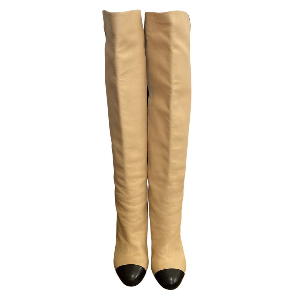 Chanel Bicolor Leather Long Boots Beige Black 36.5 — view 2
