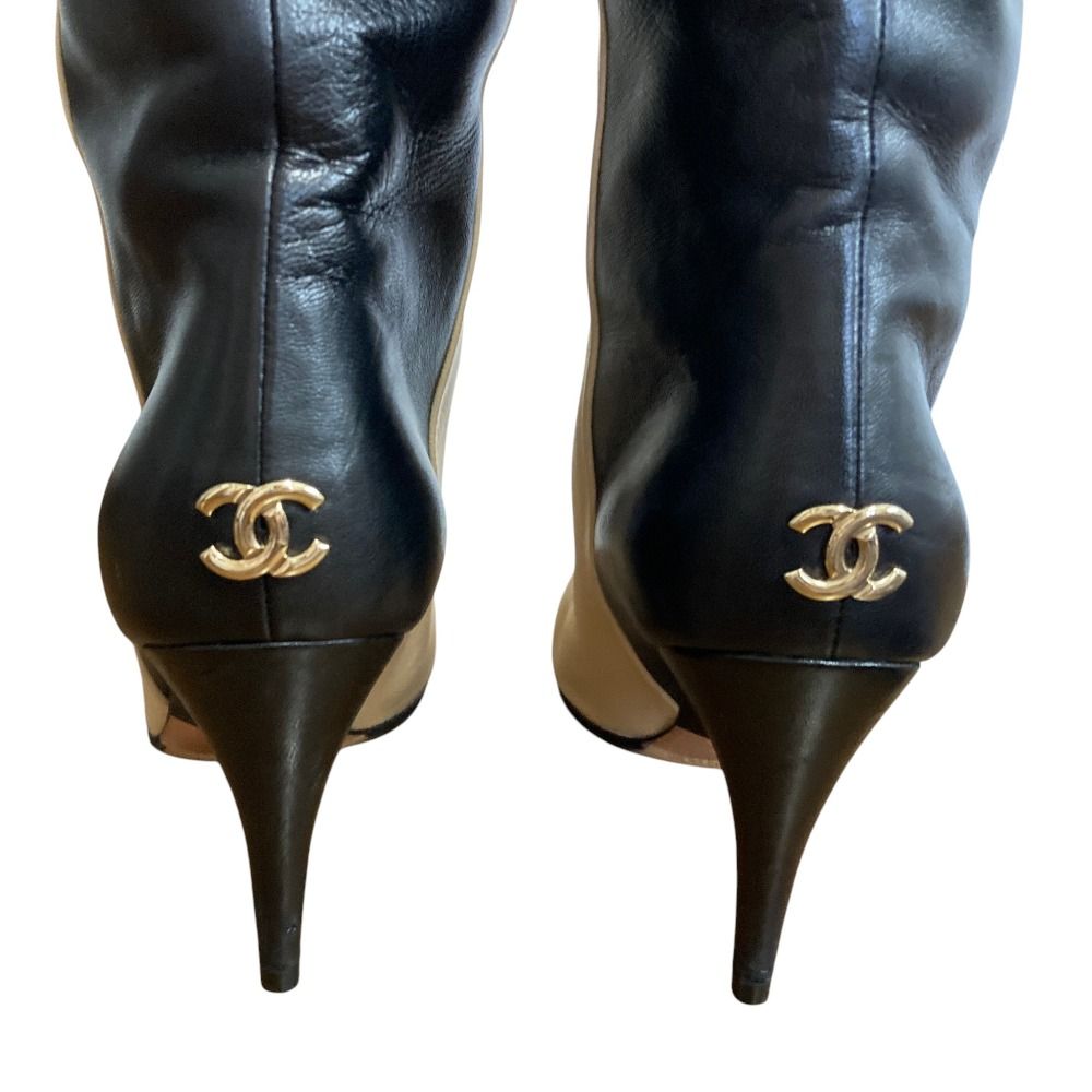 Chanel Bicolor Leather Long Boots Beige Black 36.5 — view 5