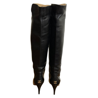 Chanel Bicolor Leather Long Boots Beige Black 36.5 — view 3