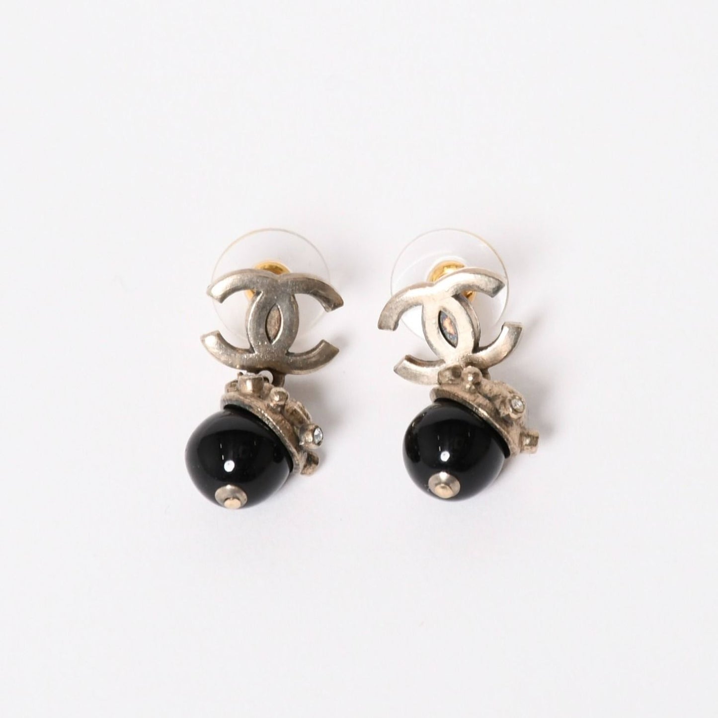 Chanel CC Logo Swing Ball Earrings 05 Resin Rhinestone Black Silver