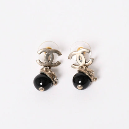 Chanel CC Logo Swing Ball Earrings 05 Resin Rhinestone Black Silver