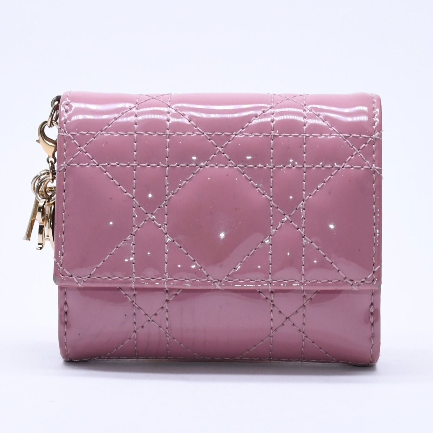 Dior Lady Lotus Wallet Patent Calfskin Cannage Pink Trifold — view 2