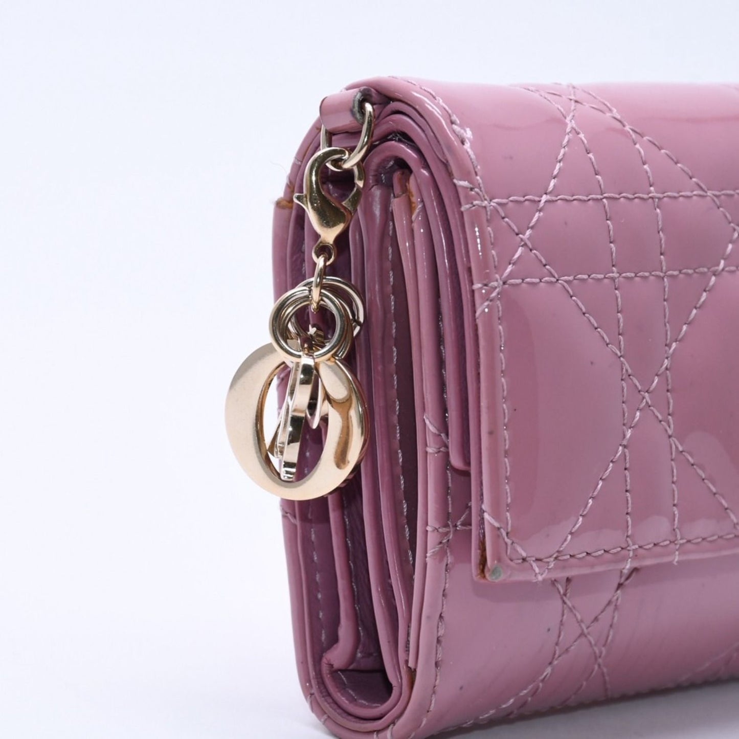 Dior Lady Lotus Wallet Patent Calfskin Cannage Pink Trifold — view 7