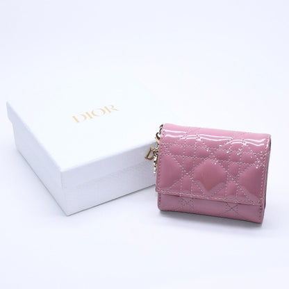 Dior Lady Lotus Wallet Patent Calfskin Cannage Pink Trifold