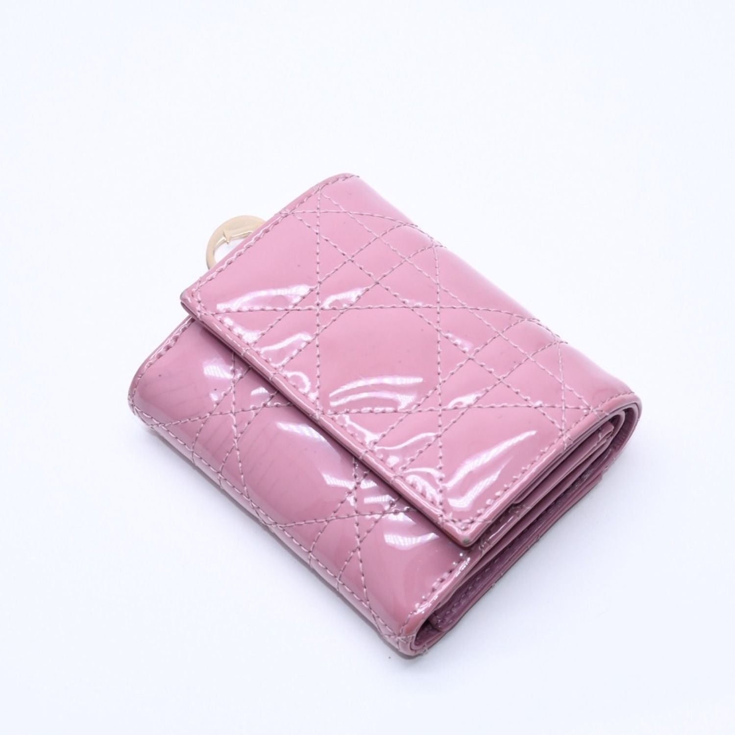 Dior Lady Lotus Wallet Patent Calfskin Cannage Pink Trifold — view 4