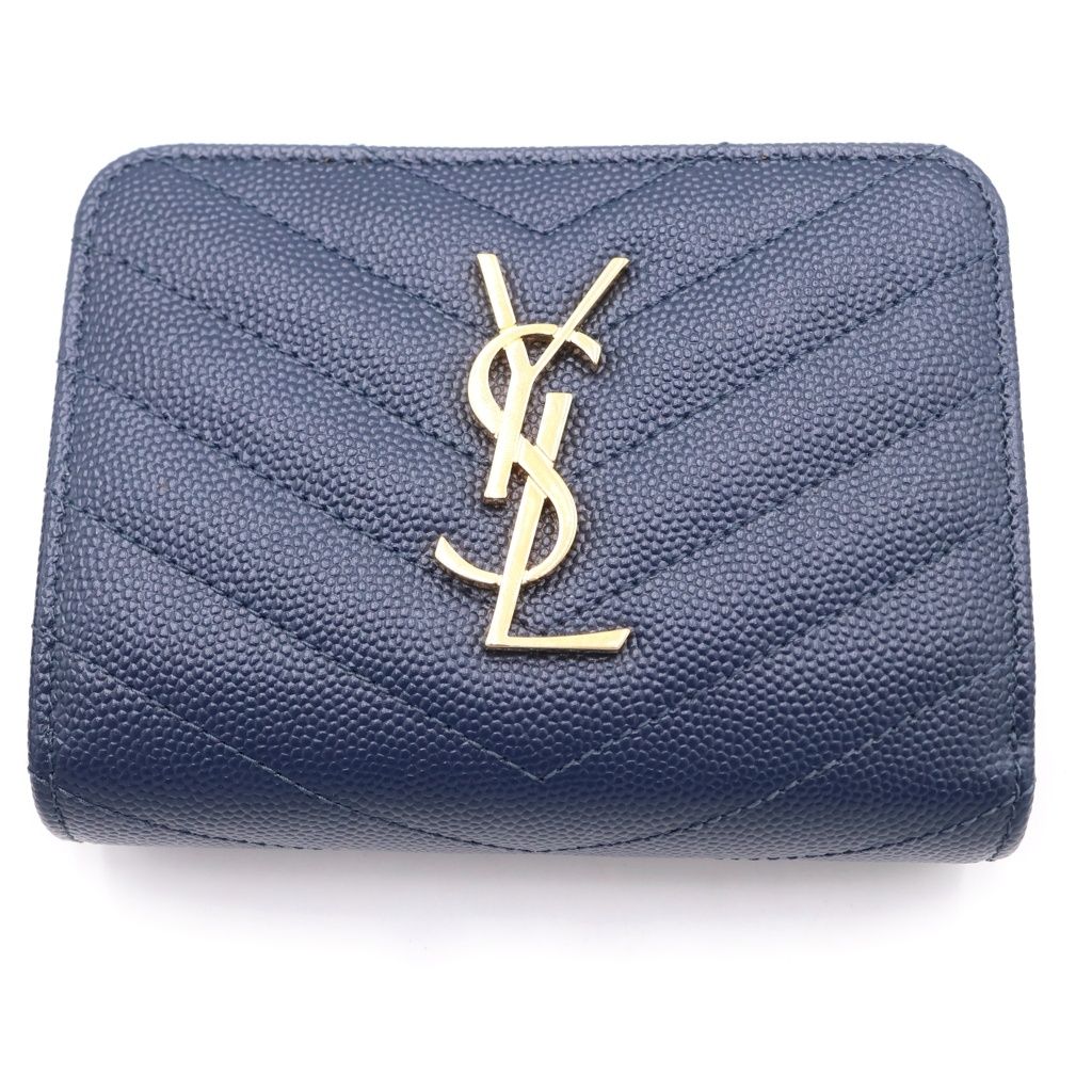 Saint Laurent Paris Compact Zip Round Wallet YSL Logo Leather Navy
