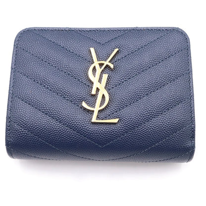 Saint Laurent Paris Compact Zip Round Wallet YSL Logo Leather Navy