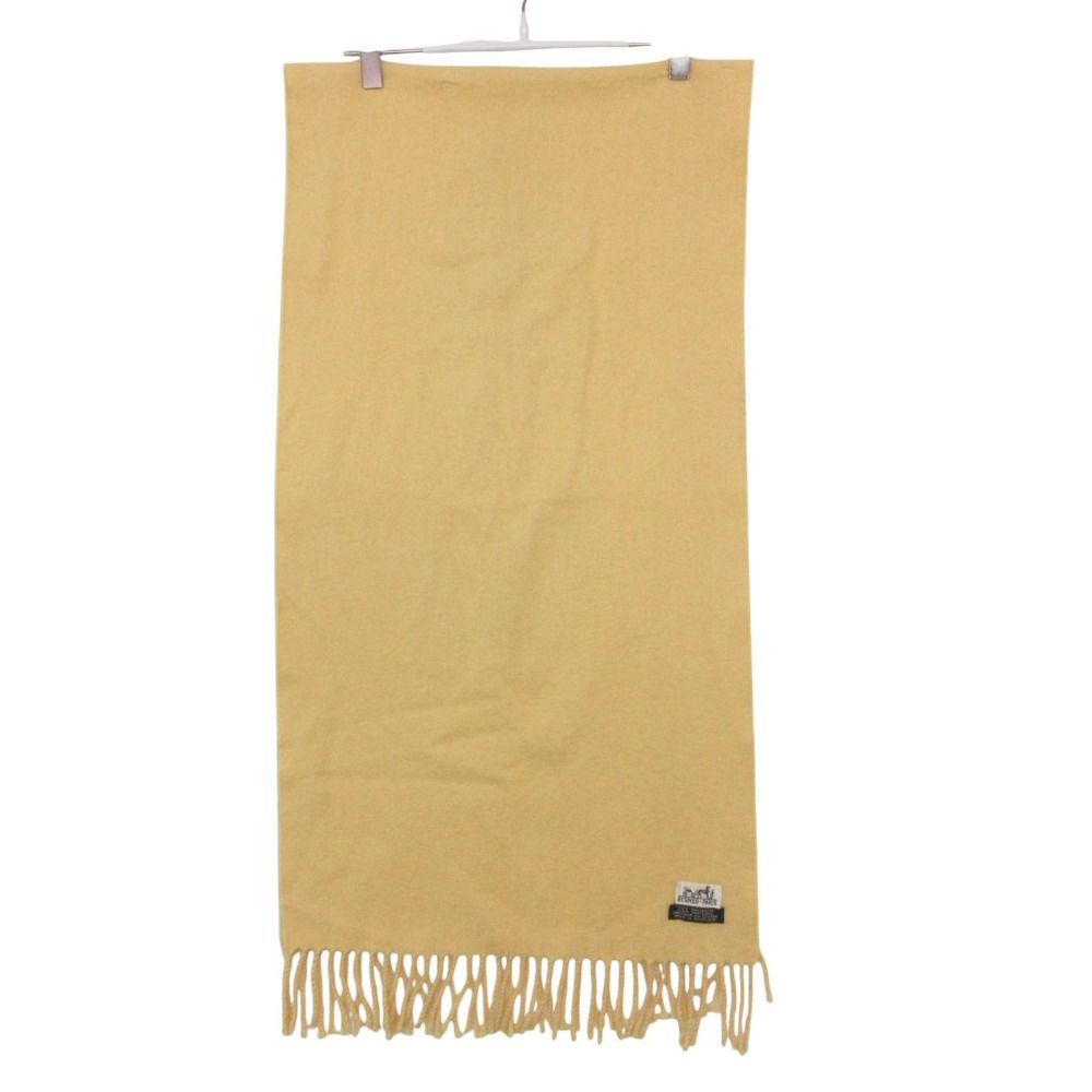 Hermes Scarf Logo Embroidery Fringe Yellow