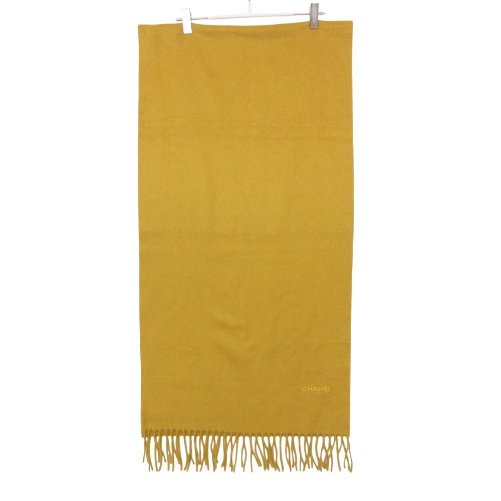 Chanel Scarf Logo Embroidery Fringe Large Format Yellow