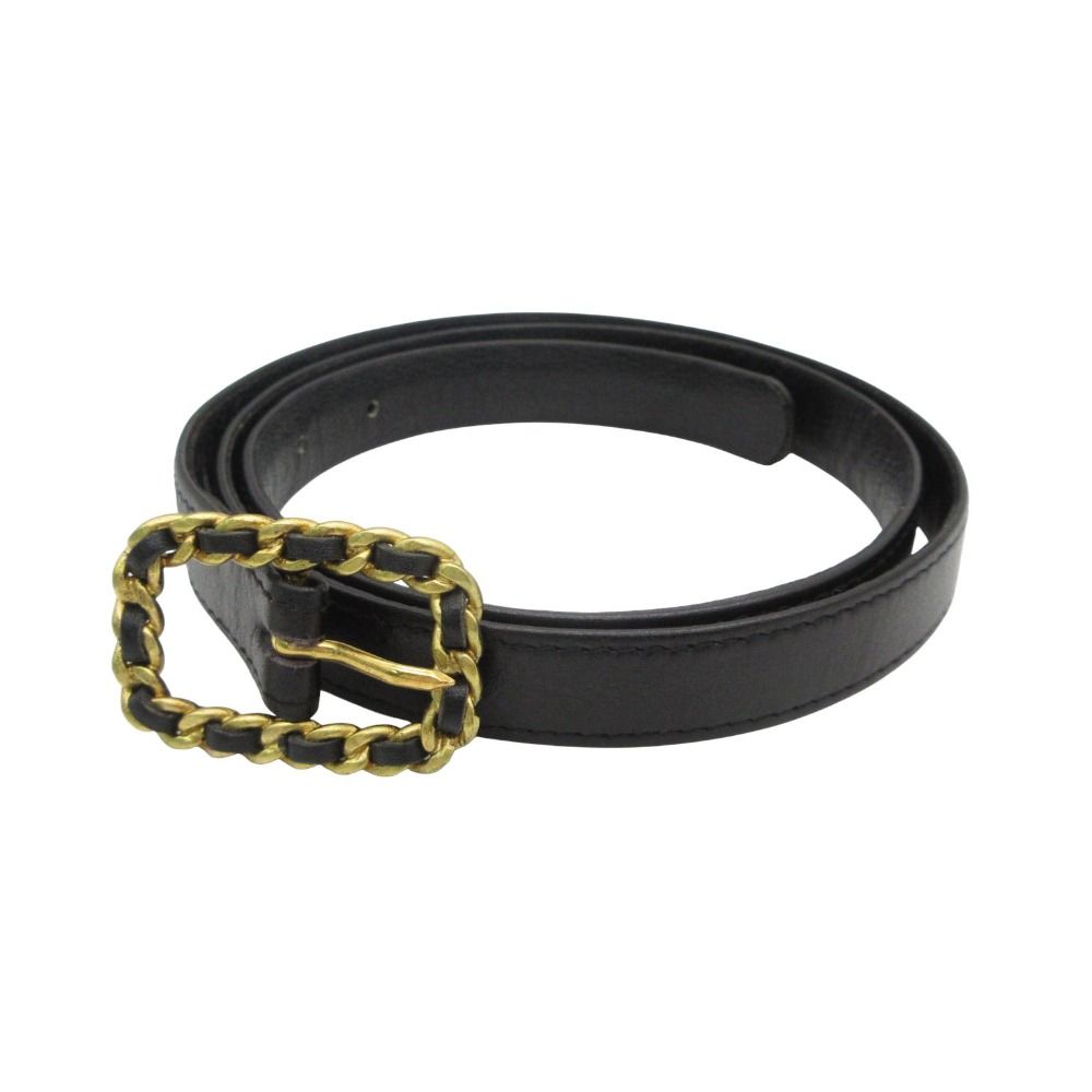 Chanel Belt Chain Buckle Leather Narrow Gold Black
