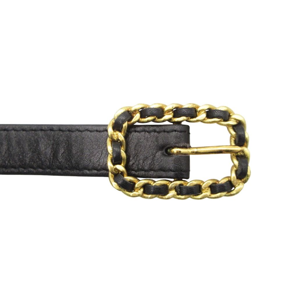 Chanel Belt Chain Buckle Leather Narrow Gold Black — view 3