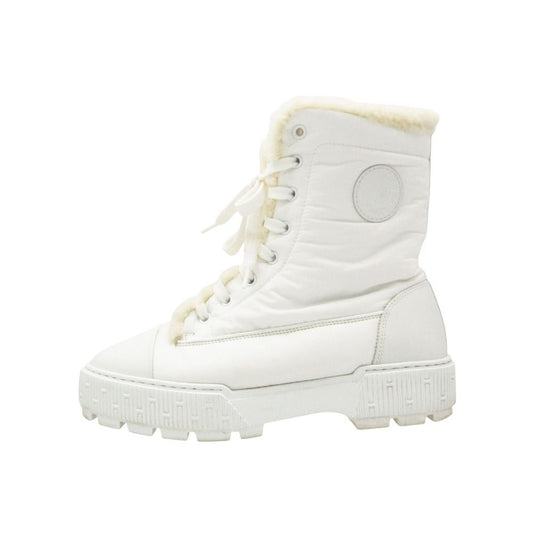 Hermes Boots Short Friendsshu Snow Nylon Fleece Button Patch Leather suup White