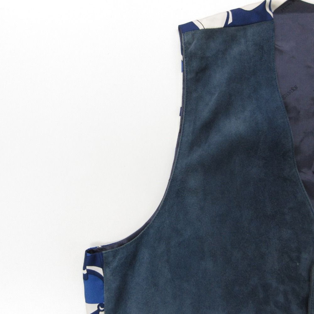 Hermes Vest Vintage Suede Gilet Silk Contrast Top Navy Blue XL — view 6