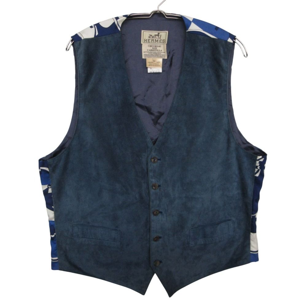 Hermes Vest Vintage Suede Gilet Silk Contrast Top Navy Blue XL