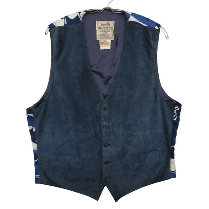 Hermes Vest Vintage Suede Gilet Silk Contrast Top Navy Blue XL