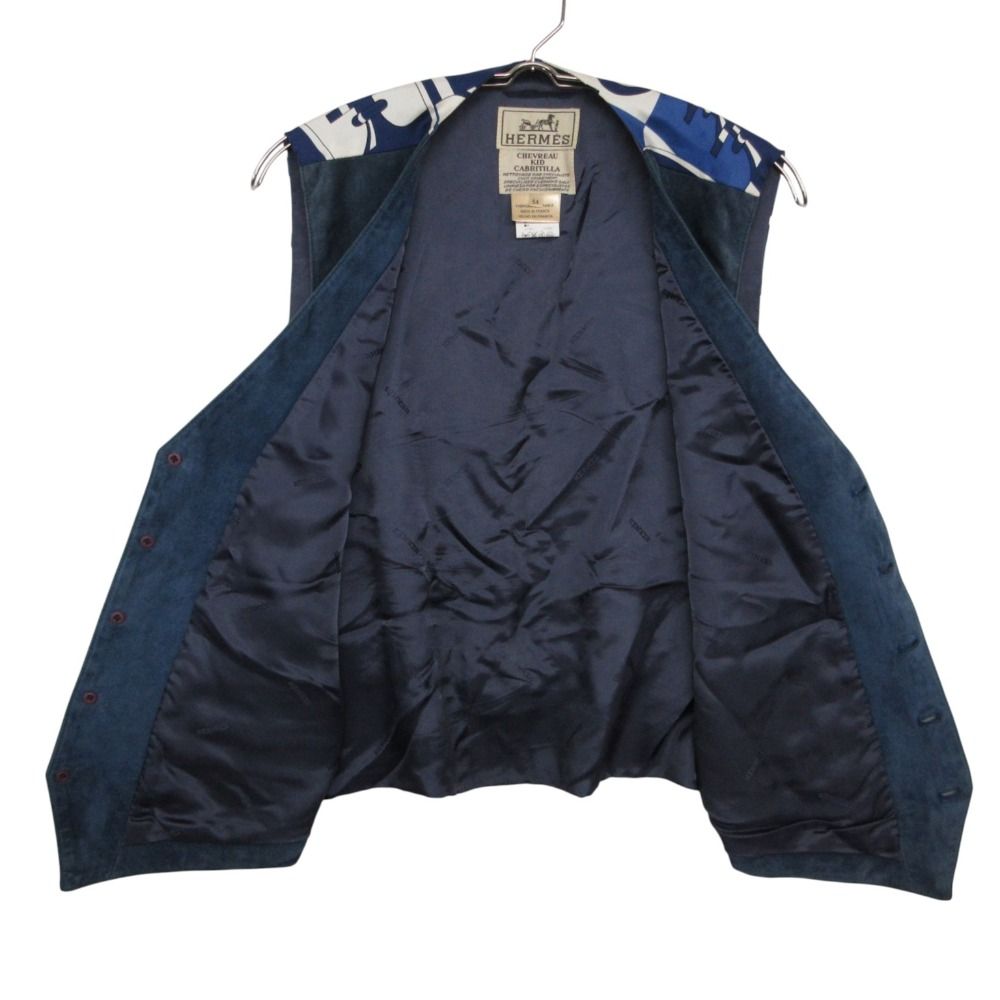 Hermes Vest Vintage Suede Gilet Silk Contrast Top Navy Blue XL — view 3