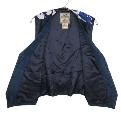 Hermes Vest Vintage Suede Gilet Silk Contrast Top Navy Blue XL — view 3