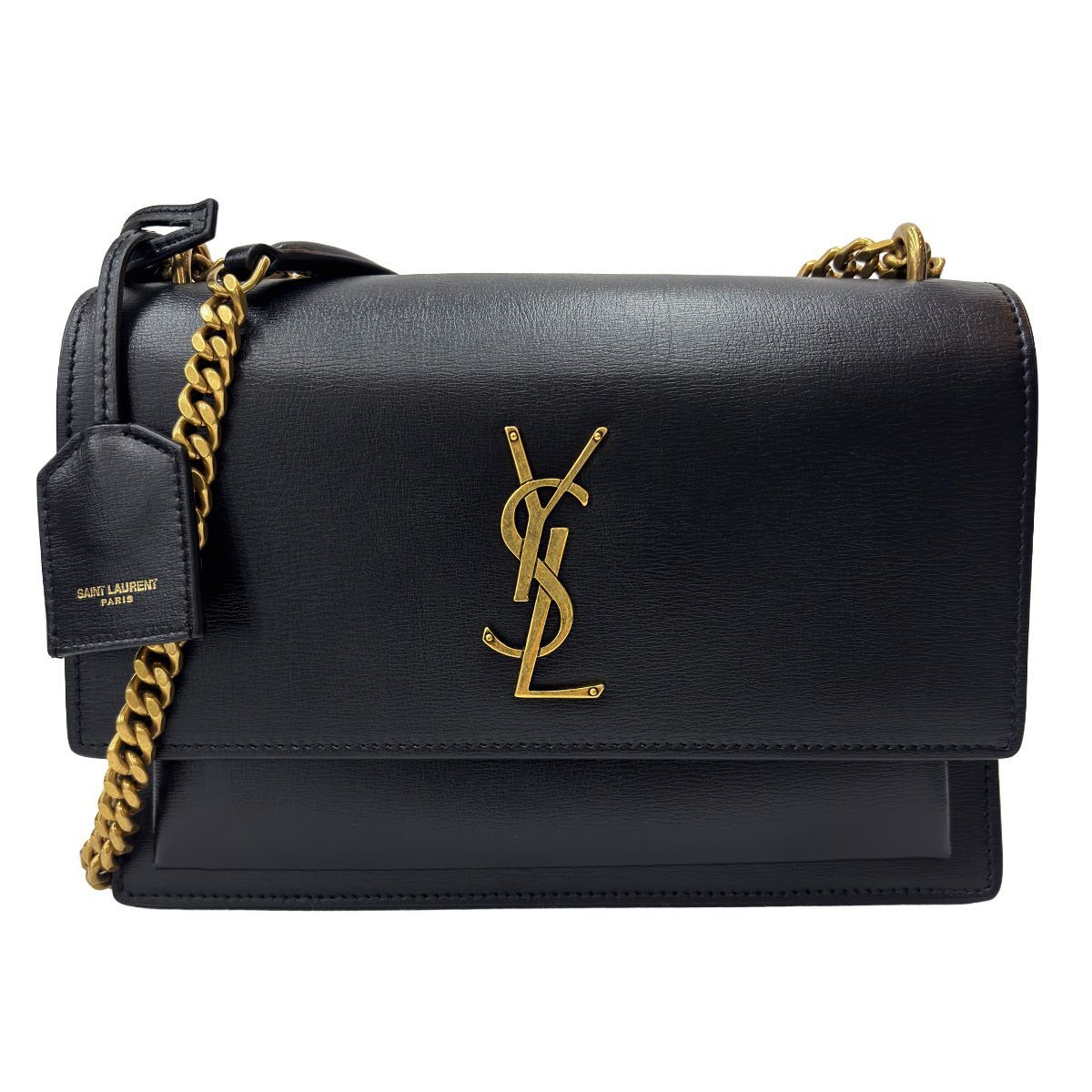 Saint Laurent Shoulder Bag Black 2-Way Sunset Medium Chain YSL Cross Body Gold