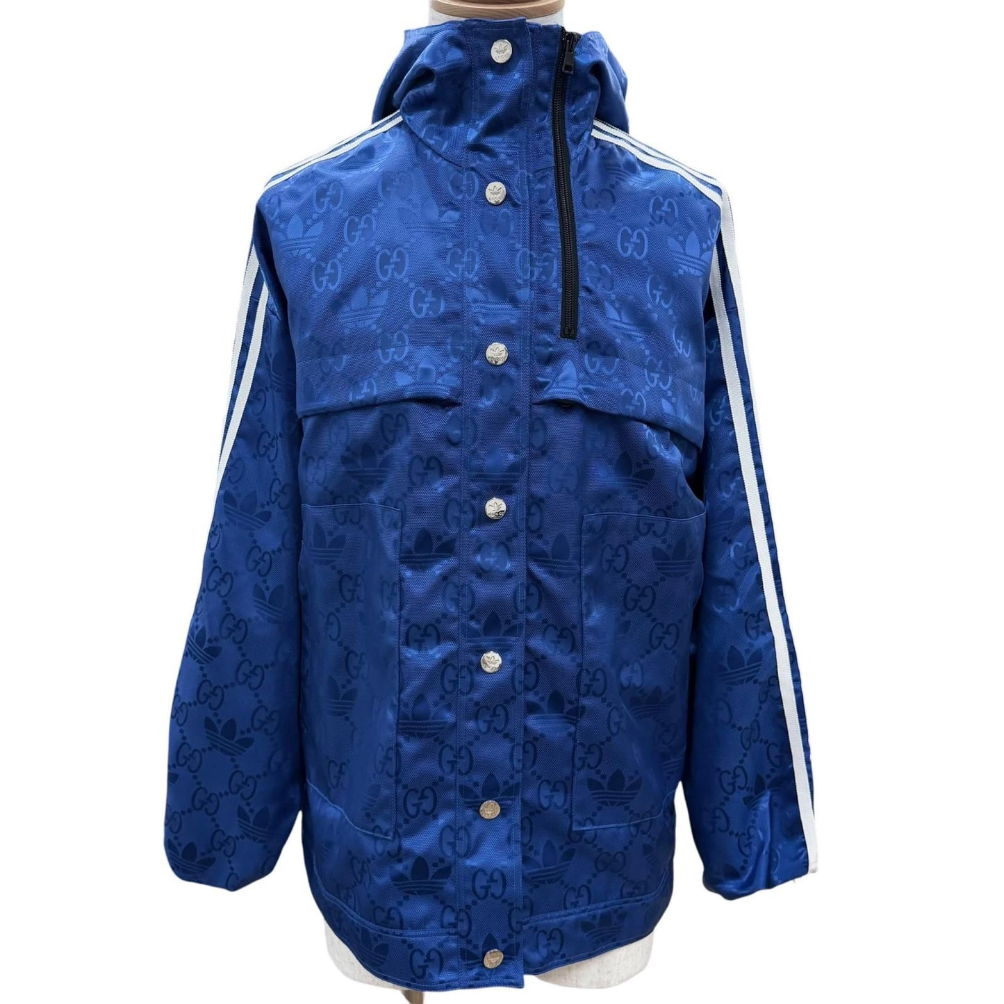 Gucci Adidas GG Pattern Trefoil Side Line Nylon Jacket Blue 38