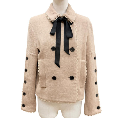 Dior Logo Button Scalloped Edge Bow Pea Jacket Beige 40