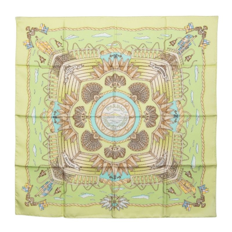 Hermes Carre 90 Railing Ship Handrail Scarf Green Multicolor Silk