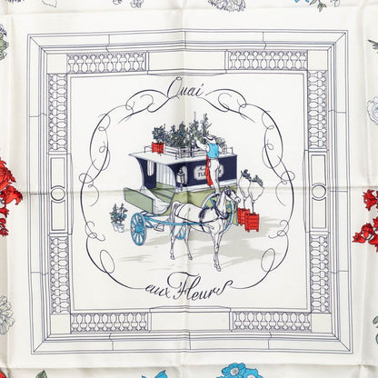 Hermes Carre 90 Quai Aux Fleurs Flowers Blooming Coastal Street Scarf White Silk — view 2