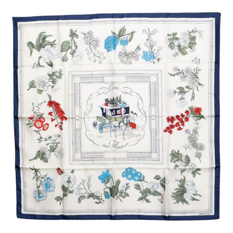 Hermes Carre 90 Quai Aux Fleurs Flowers Blooming Coastal Street Scarf White Silk