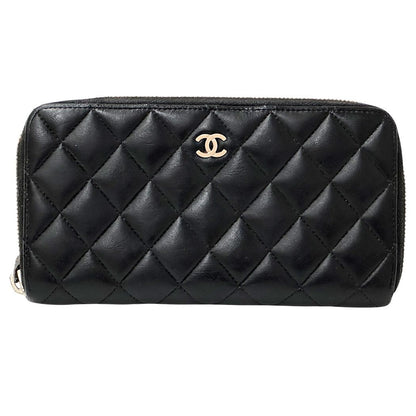 Chanel Wallet Quilted Lambskin Black Beige Zip Around