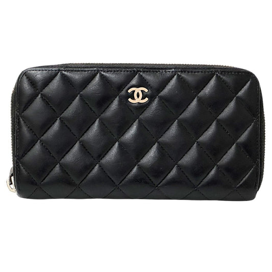Chanel Wallet Quilted Lambskin Black Beige Zip Around