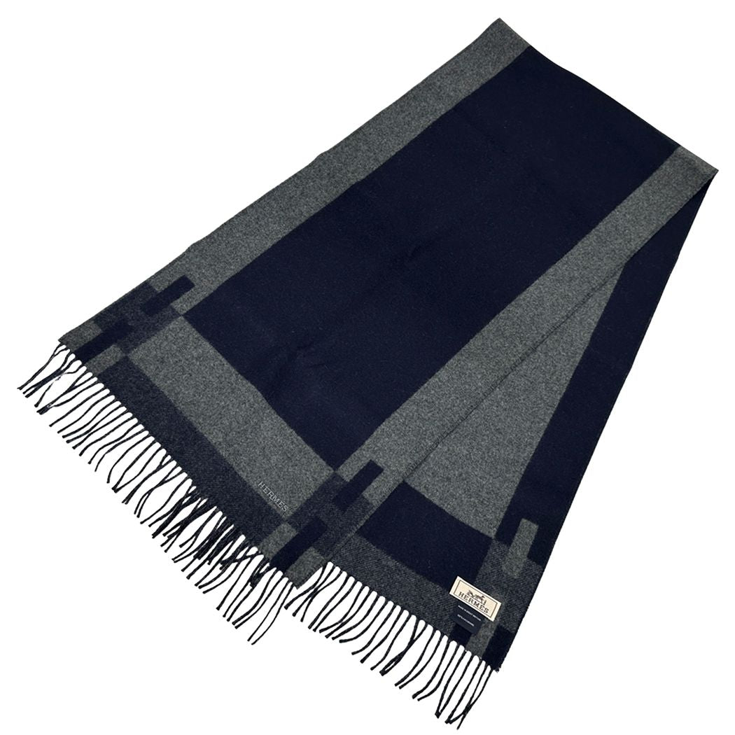 Hermes Scarf Passan Shawl Cashmere Navy Gray Winter Fall Simple Adult