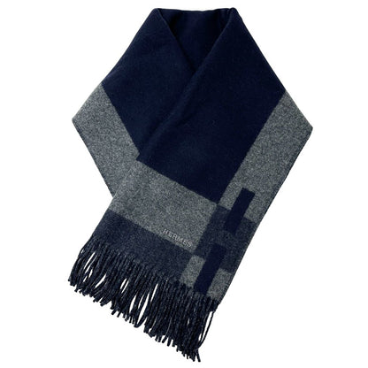 Hermes Scarf Passan Shawl Cashmere Navy Gray Winter Fall Simple Adult — view 3