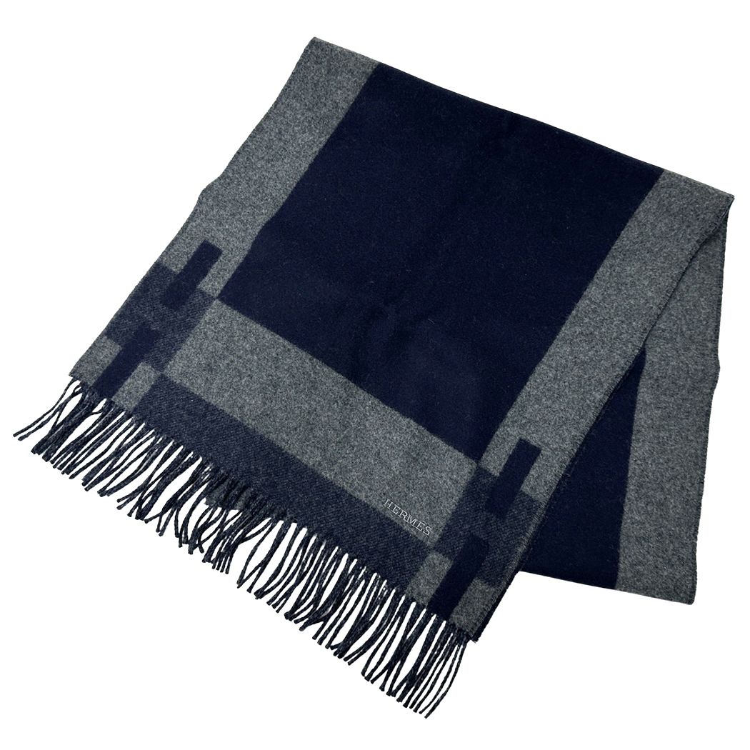 Hermes Scarf Passan Shawl Cashmere Navy Gray Winter Fall Simple Adult — view 2