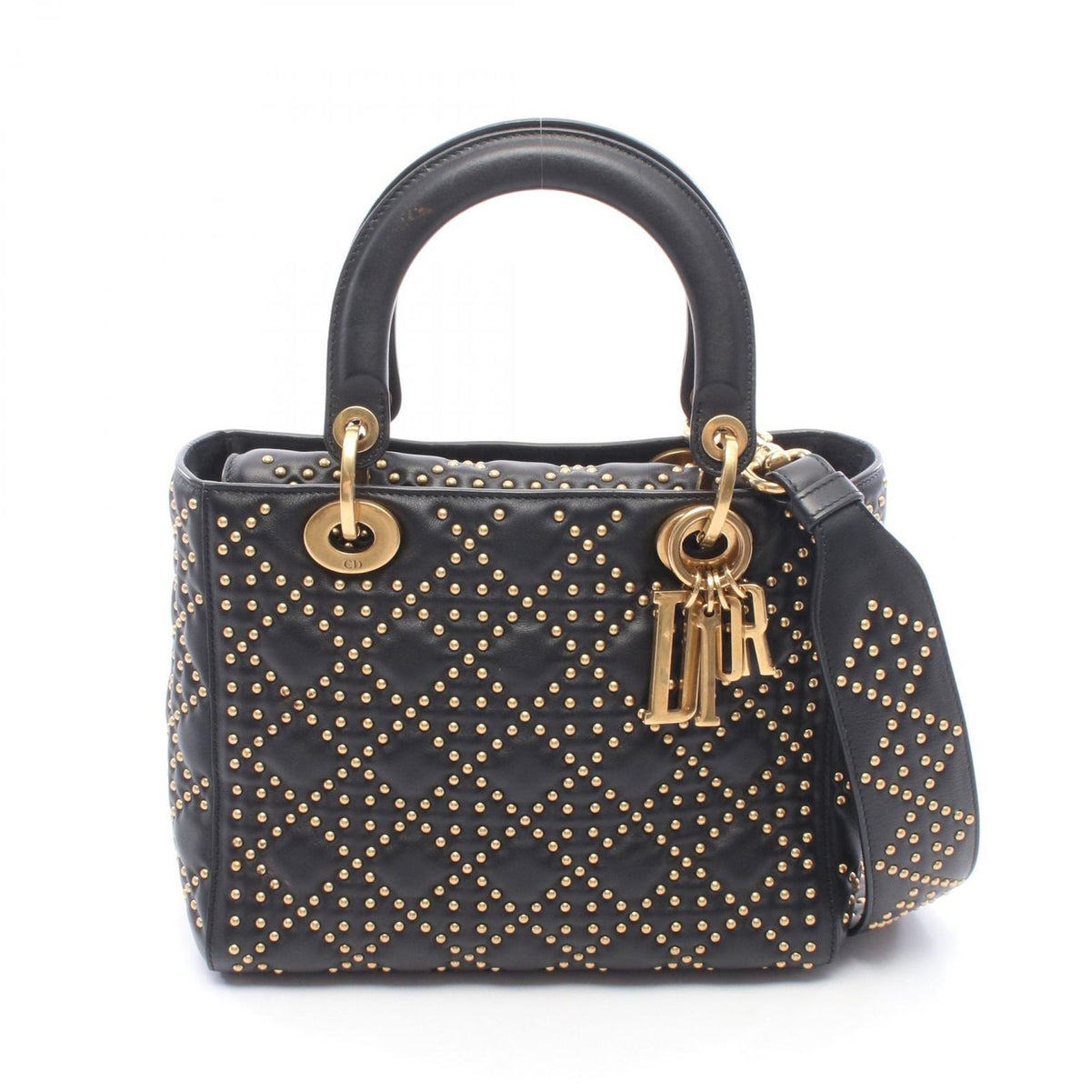 Dior Handbag Lady Dior Studs 2-Way Black Leather Tote Medium
