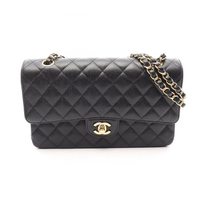 Chanel Shoulder Bag Quilted Double Flap Black Caviar Leather Chain