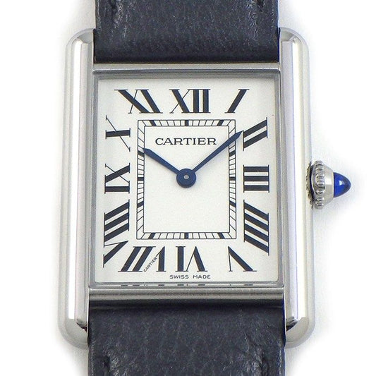 Cartier Watch Tank Must LM Rectangular Silver Dial Roman Index Black Leather SS