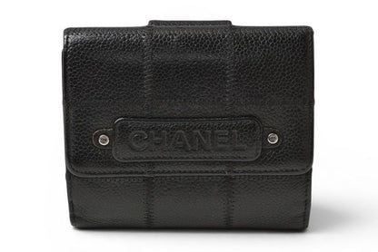 Chanel Bifold Wallet Vintage Chocolate Bar Hook CC Logo Black Leather Compact