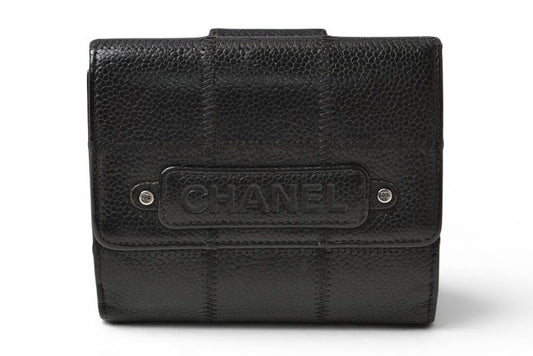 Chanel Bifold Wallet Vintage Chocolate Bar Hook CC Logo Black Leather Compact