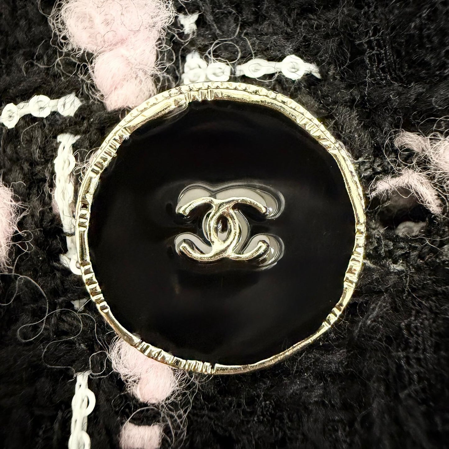Chanel Wool Coco Button with Fringe Tweed Coat Black Pink 34 — view 7