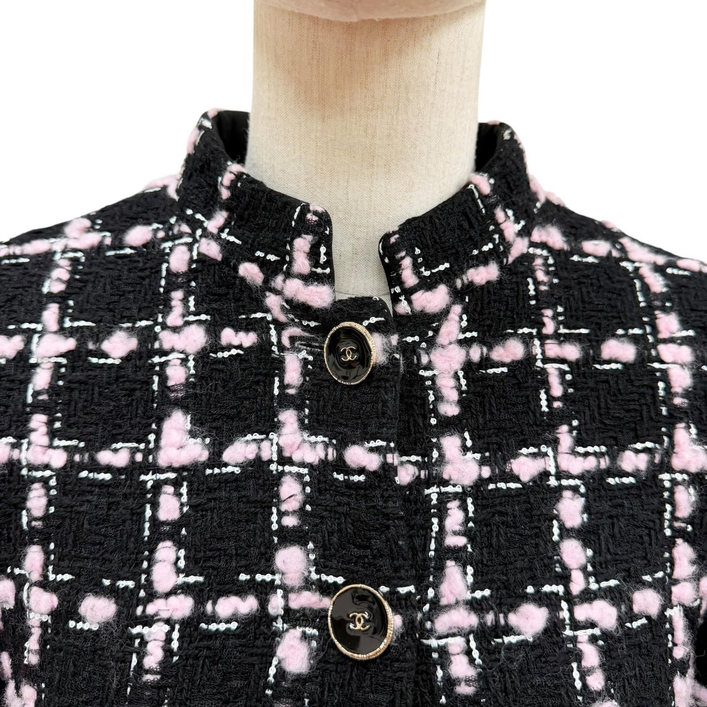 Chanel Wool Coco Button with Fringe Tweed Coat Black Pink 34 — view 2