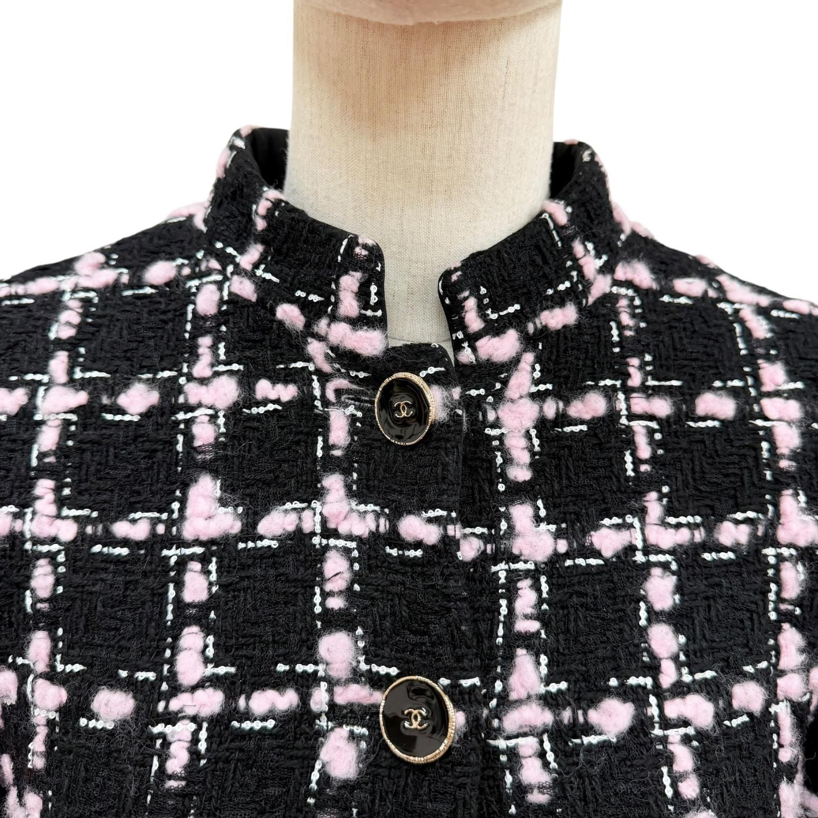 Chanel Wool Coco Button with Fringe Tweed Coat Black Pink 34 — view 2