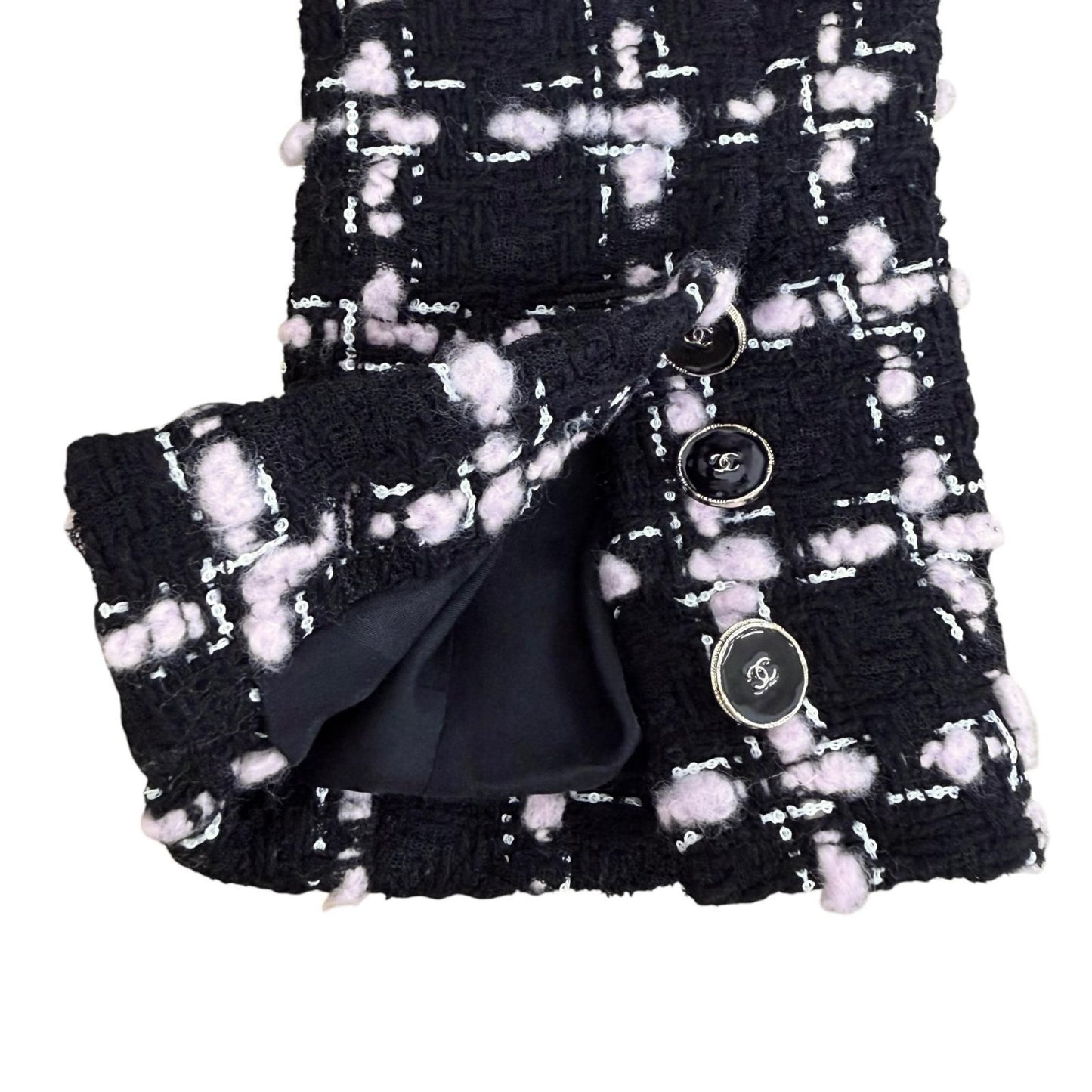 Chanel Wool Coco Button with Fringe Tweed Coat Black Pink 34 — view 9
